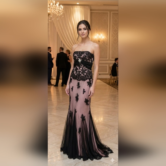 NWT Vintage Flirt by Maggie Sottero Pink & Black Lace Evening Gown